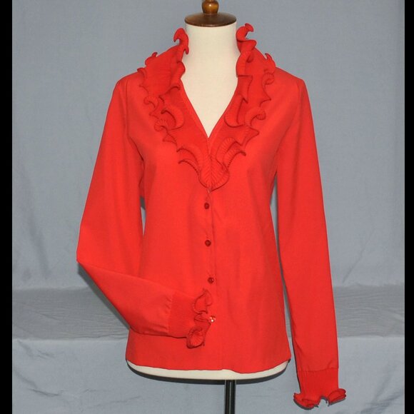 Vintage Sybil Women's Blouse Size 8 Retro Red Ruffle Statement Collar - Picture 1 of 11